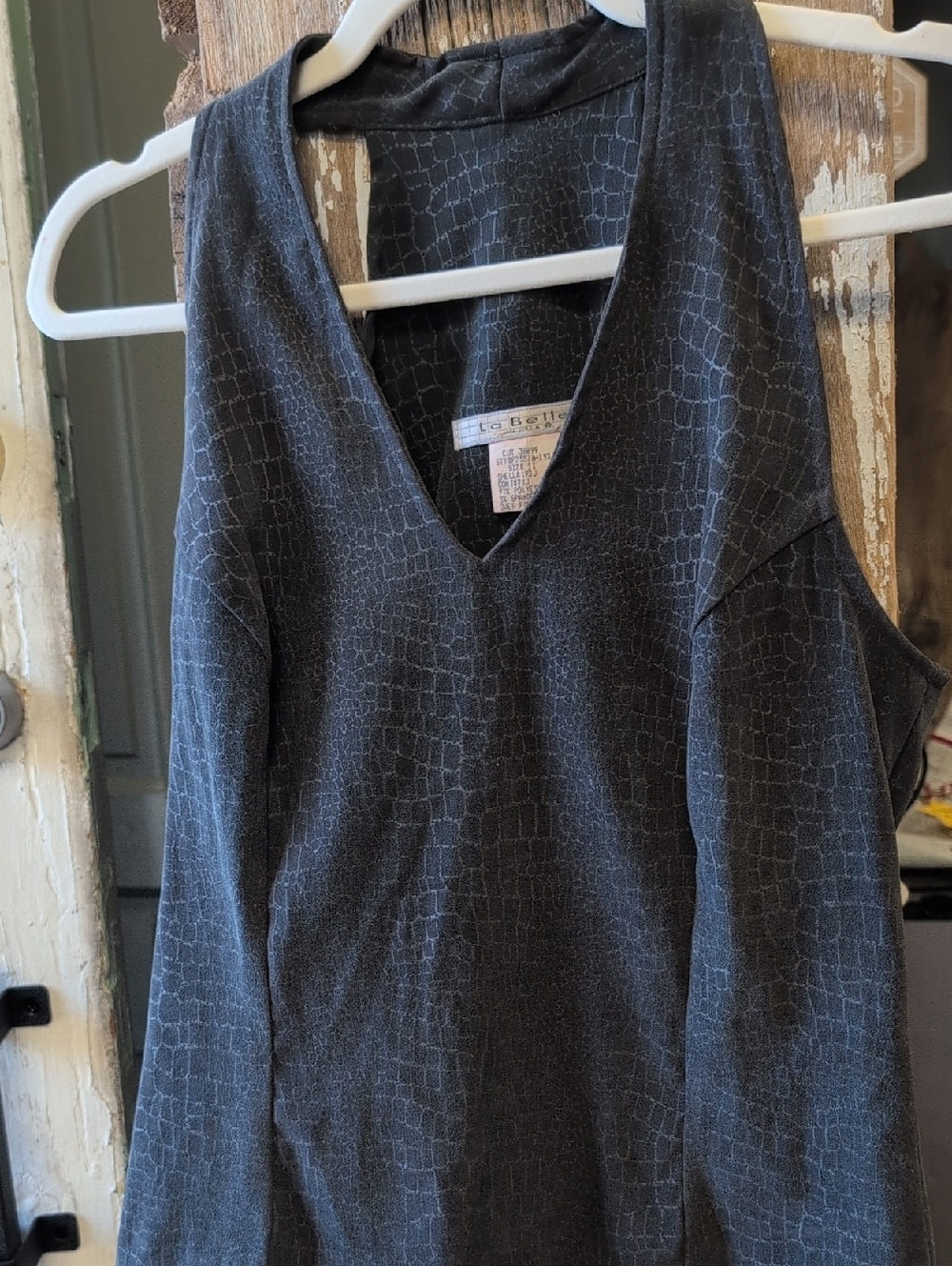 La Belle Charcoal Grid-Texture V-Neck Sleeveless Suede Top
